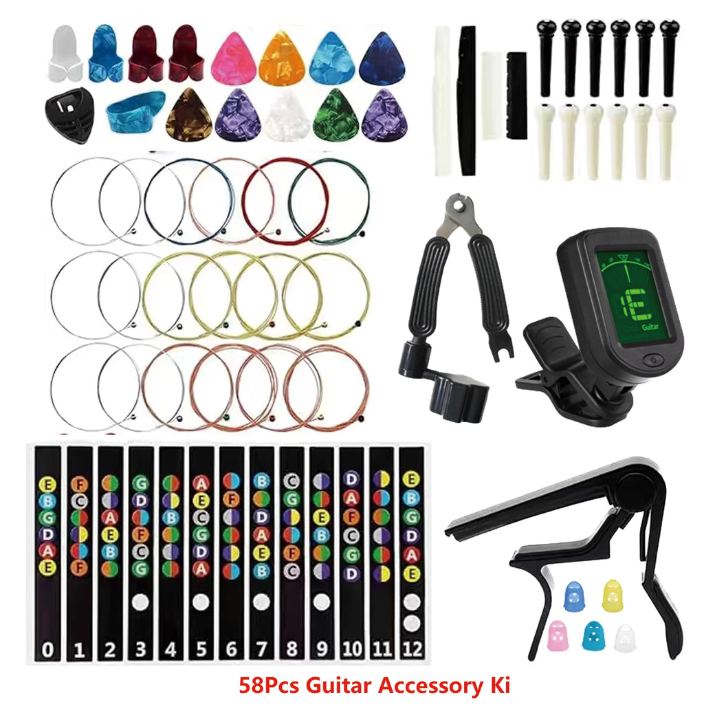 58-in-1 Guitar Accessory Set: Tuner, Capo, String Cutter, Varied Strings, Colorful P...