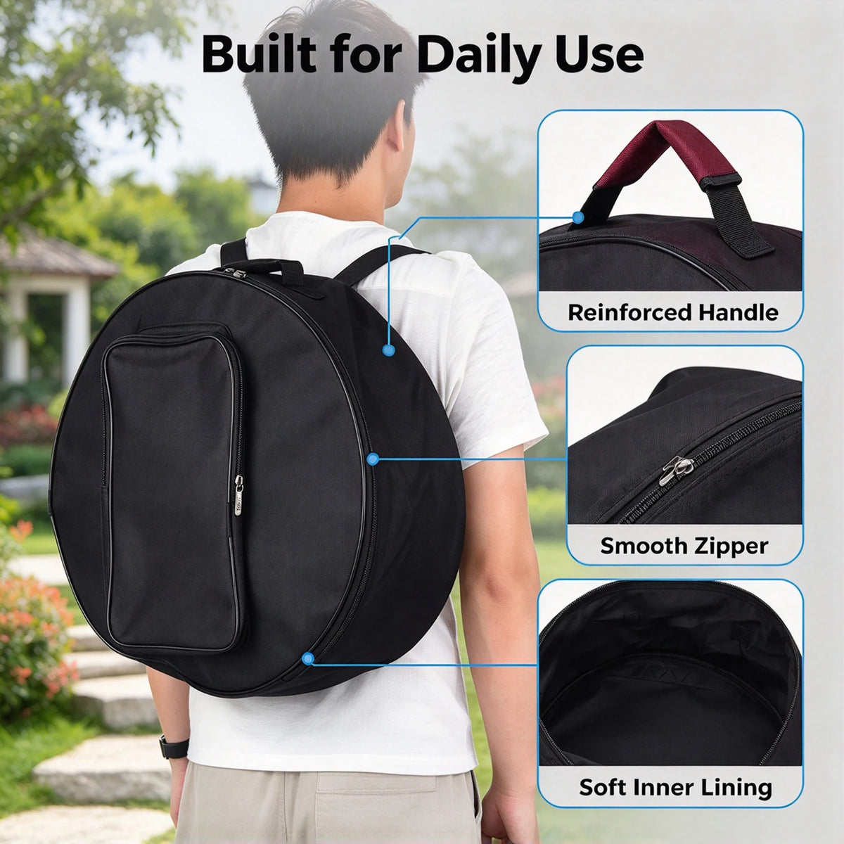 Compact Snare Drum Backpack Case, Carrying Round Tool Bag with Shoulder Strap and External Pockets,musical Instrumentaccessories